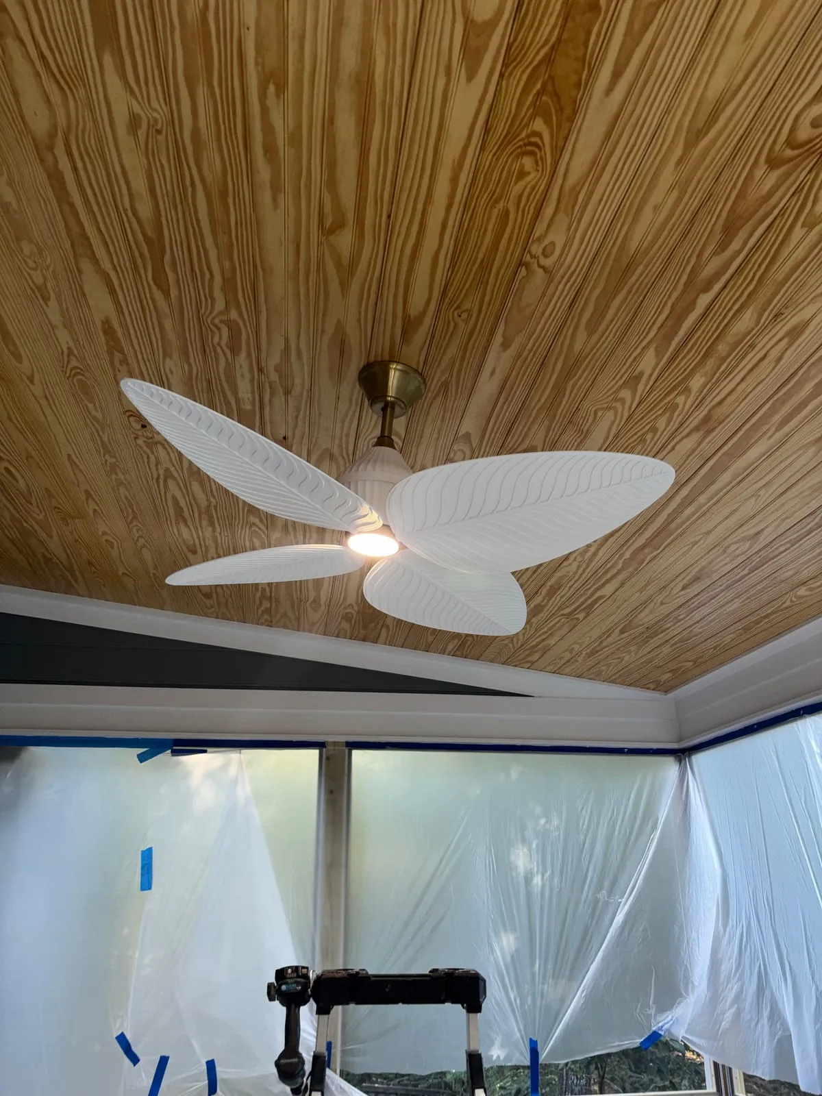 Porch ceiling fan and a new outdoor outlet